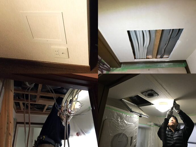 天井の解体を2カ所、壁に点検口を2カ所つけて配管を通します。