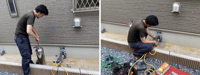 建物の基礎部分のコンクリートにダイヤモンドで穴を開けて温水配管を通します