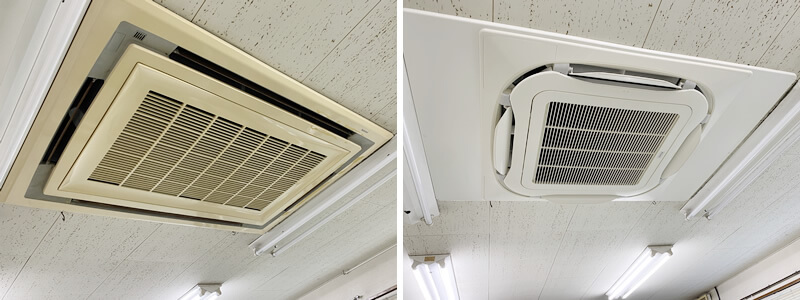 写真左は施工前の業務用エアコン、写真右はワイドパネルを設置した施工後の業務用エアコン
