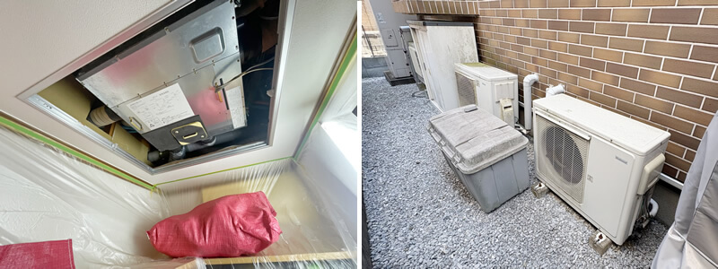 室内を養生したあと、新しい室内機を設置する箇所の天井を解体します
