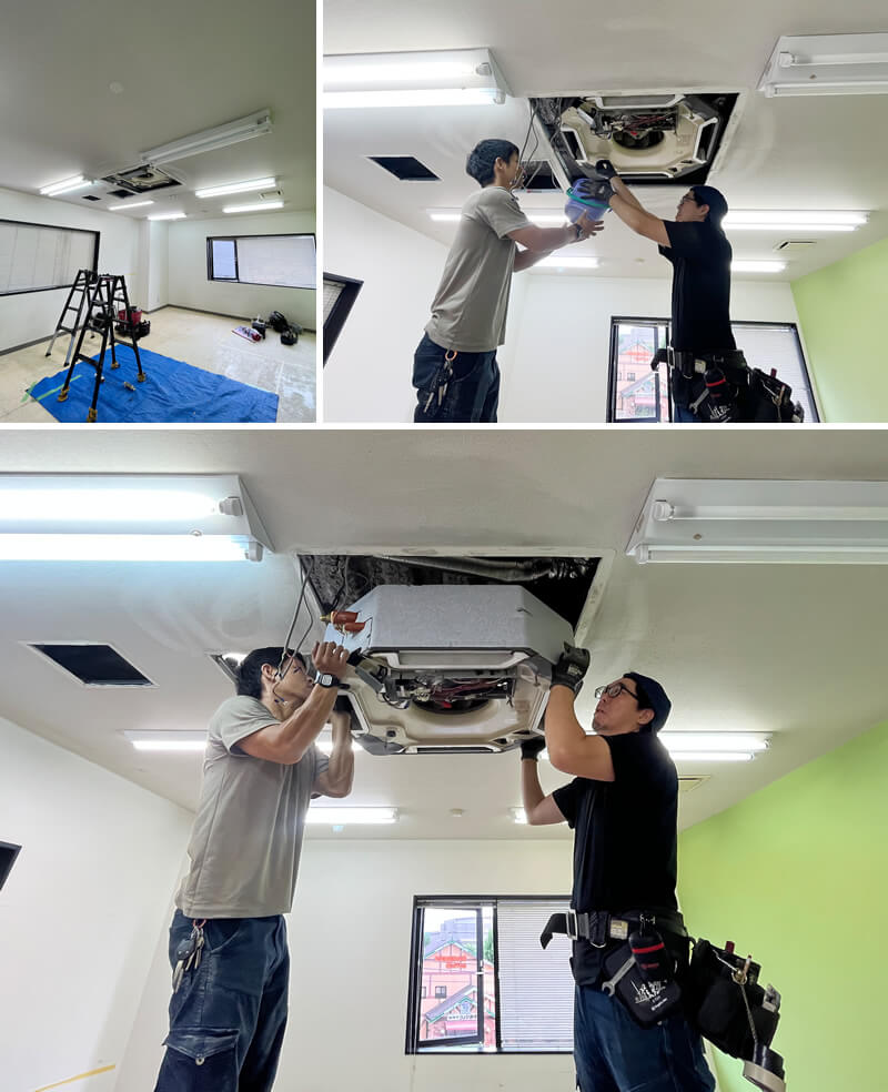 室内を養生して、既設の室内機を取り外します