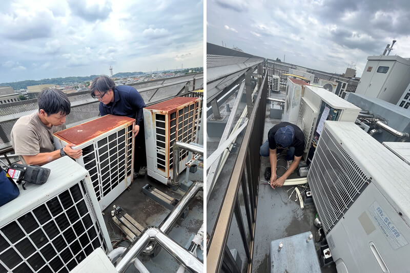 古い室外機を撤去したあと、新しい室外機を設置する準備を行います