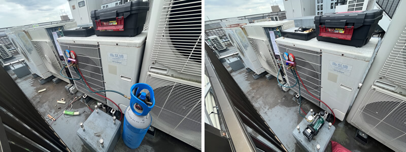 新しい室内機と室外機を設置し、各種配管を接続後、気密試験と真空引きを行います
