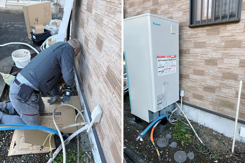 新しくアンカーを打ったあと、貯湯タンクを設置します