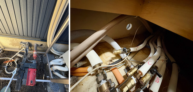 電源の配線と温水配管用の穴をあけます
