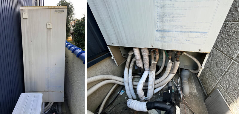 既設の多機能エコキュートは、お湯やお風呂の配管だけでなく、床暖房用の温水配管も接続されています