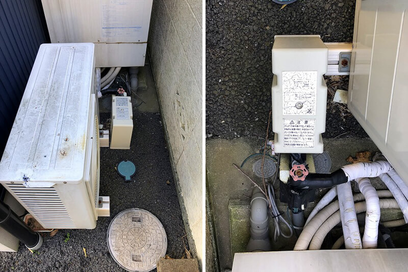 お湯の配管に増圧ポンプが接続されています