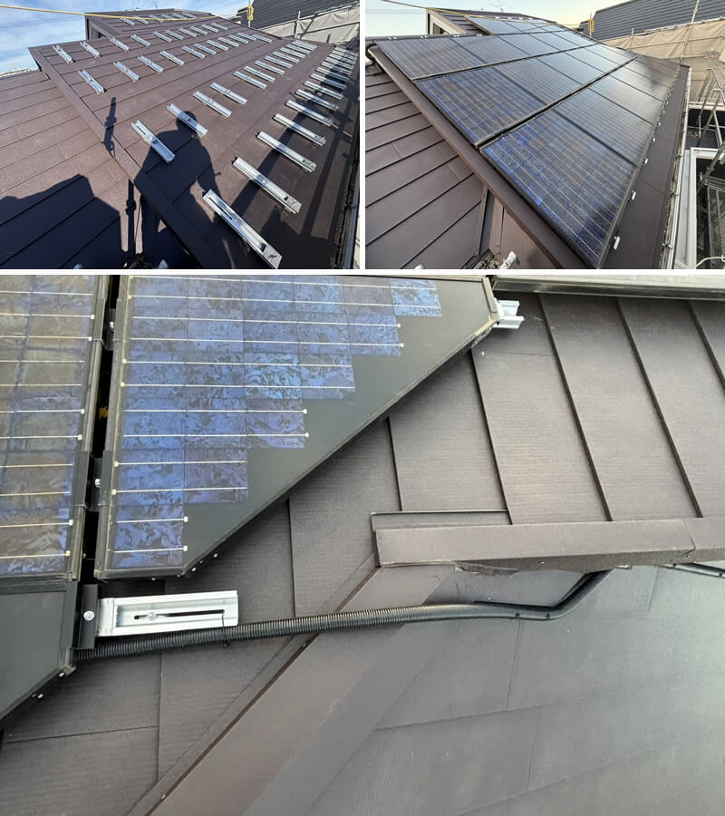 配線を新しくして、カバー工法用の架台を設置したあと、太陽光発電パネルを再設置します