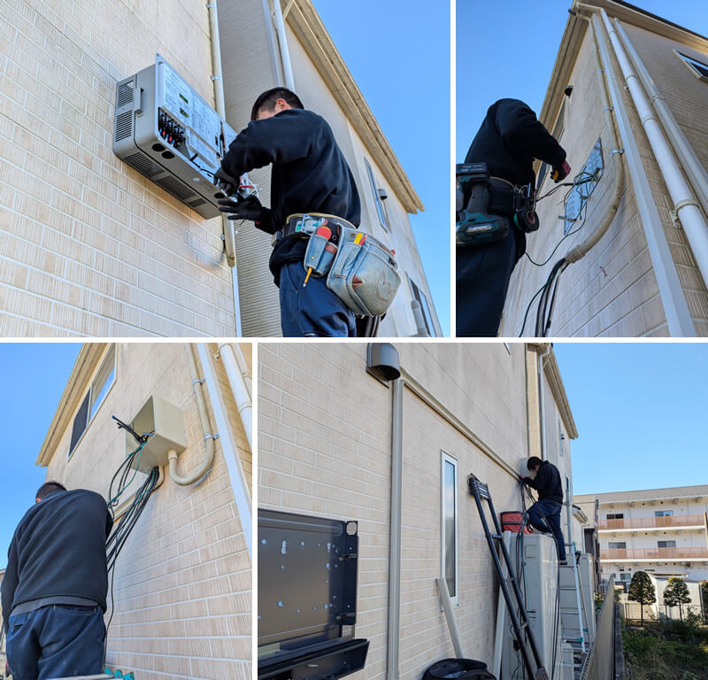 既存のパワコンと配線を取り外し、配線延長のためジョイントボックスを設けて配管を延長します