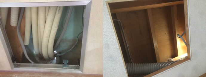 壁面・天井を壊さないよう点検口を設置して隠蔽配管しました。