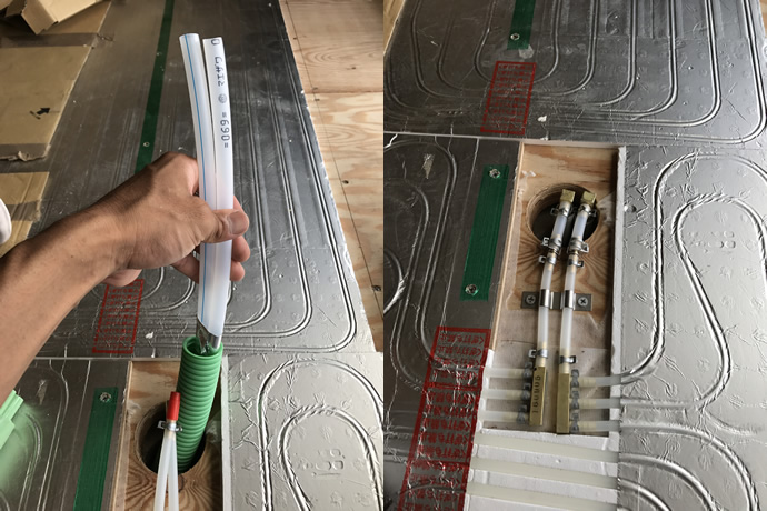 床暖房パネルと温水配管を接続します。