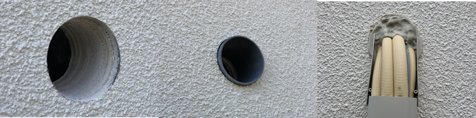高気密高断熱住宅のエアコン配管用の穴は漏水はもちろん気密にも注意して施工します