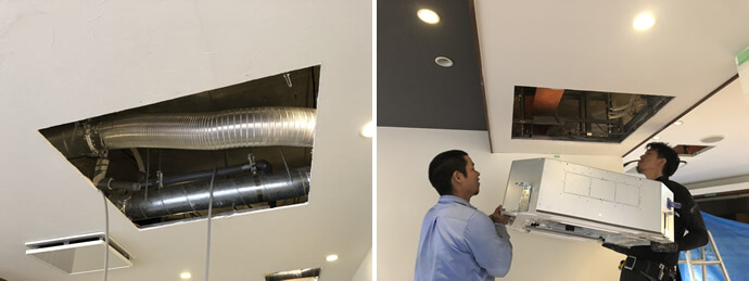 配管を通すための点検口とエアコン用の天井開口は、大工さんが事前に開けてくれています
