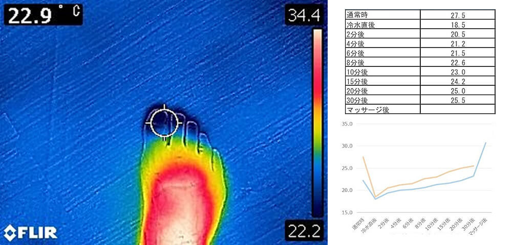 サーモカメラで足の温度を測定している様子と測定結果のグラフ