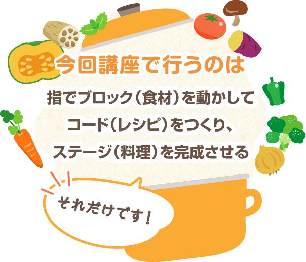 今回講座で行う内容を料理に例えると、指で食材を動かしてレシピをつくり、料理を完成させるだけです。